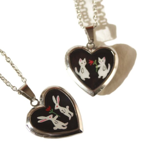 Wholesale Chic Heart Shaped Locket Necklace With Enamel Photo Album Pendant Stainless Steel ElectroplatedTone Love Rabbit Motif Fashion Jewelry Accessory