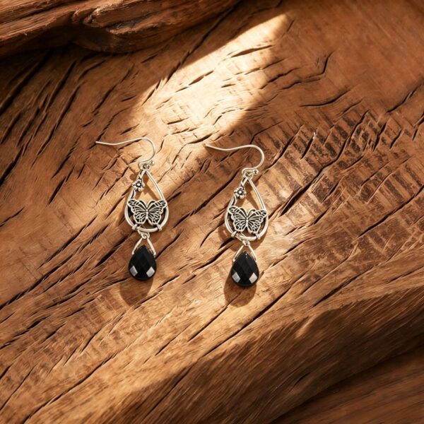 oly-ec570494ab50ee9b8d8a29ccb494b1d0 Wholesale Vintage Hollow Butterfly Flower Earrings For Women Black Teardrop Zircon Antique Finish Party Wear