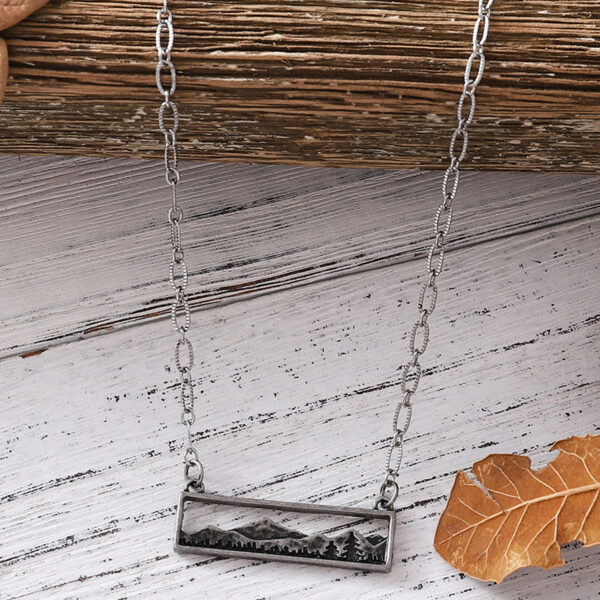 Wholesale Fashion Accessory Geometric Hollow Pendant Necklace With Forest Mountain Pine Tree Design Antique Silver Zinc Alloy Boutique Resale