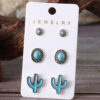 oly-ee9951c502beea826d7a35b4f8c6627f Wholesale Retro Bohemian Turquoise Cactus Flower Alloy Stud Earrings 3 Piece Set Trendy Jewelry Accessory For Parties And Everyday Wear