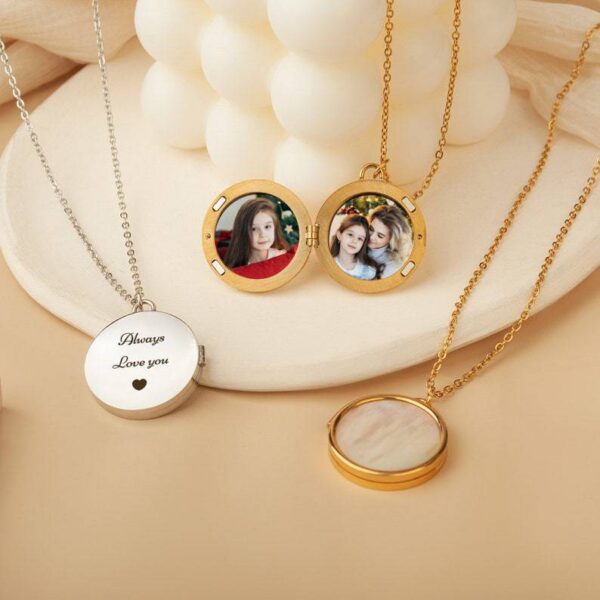 oly-ef4ba25c17d501b15cf51f524008b0ca Wholesale Pet Memorial Photo Locket Necklace Titanium Steel Electroplated Round Pendant Mother Of Pearl Jewelry Accessory For Dog Cat Lovers Gift