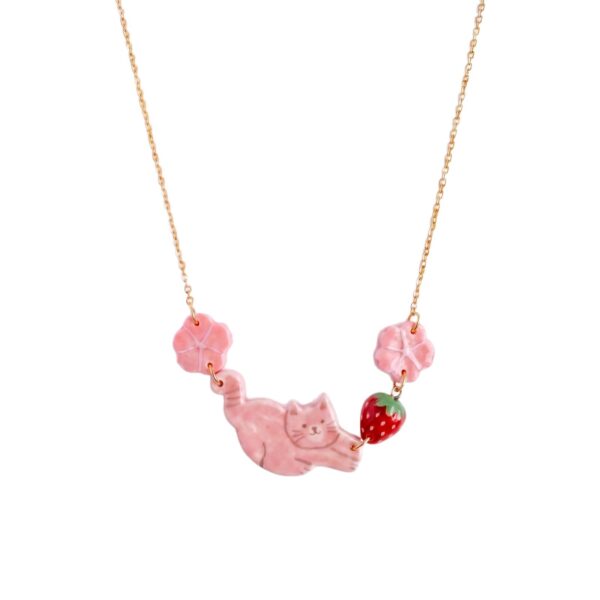 Wholesale Stainless Steel Electroplated Pink Cat Strawberry Flower Pendant Necklace Trendy Jewelry Accessory For Gift