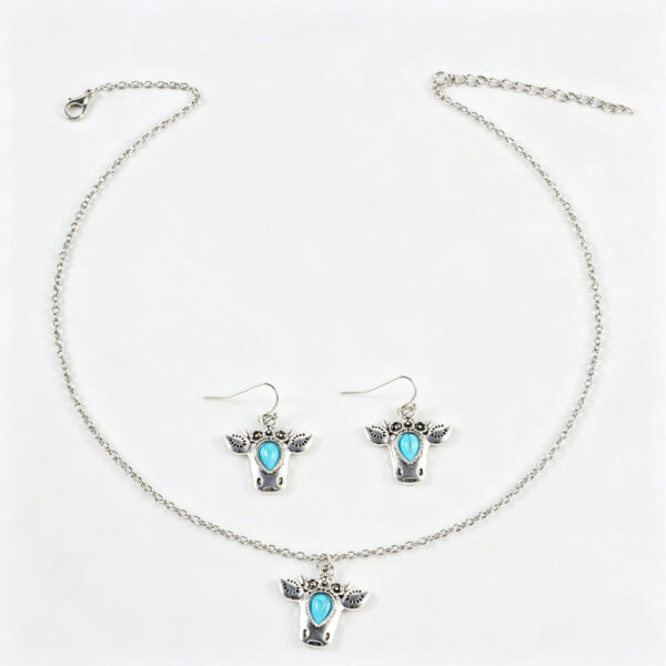 oly-f137b146c051f3d0991f1c0104afa73e Wholesale Vintage Western Bull Head Turquoise Inlay Necklace And Earrings Set Zinc Alloy Bohemian Chic Jewelry Accessory For Boutique Resale