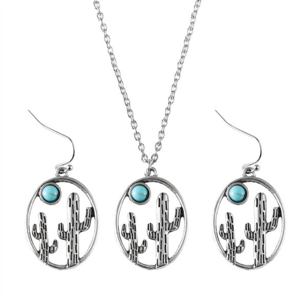 oly-f176cfcaa48a15bc987ec2f31463faf0 Wholesale Cactus Design Earrings Necklace Set Ancient Silver Turquoise Accent Trendy Hollow Out Geometric Jewelry For Gift Boutique Resale