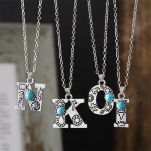 oly-f41e6c9a99e53f53d7c79d1436b85969 Wholesale Zinc Alloy Electroplated Choker Necklace Vintage Turquoise 26 Letters Pendant Everyday Women S Jewelry Accessory