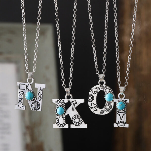 oly-f41e6c9a99e53f53d7c79d1436b85969 Wholesale Zinc Alloy Electroplated Choker Necklace Vintage Turquoise 26 Letters Pendant Everyday Women S Jewelry Accessory