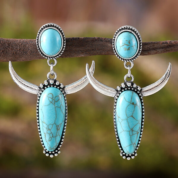 oly-f4b2fd04f093faf191b056d7ca1522ca Wholesale Western Cowboy Bull Head Pendant Turquoise Jewelry Set Necklace And Earrings Zinc Alloy Electroplated Boutique Resale