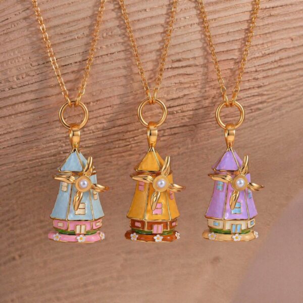 oly-f595c823c8c58ba15ad358d40944bf10 Wholesale Chic Dutch Windmill House Pendant Necklace With Pearl Electroplated Copper Finish Stylish Fairy Tale Gift For Girls Boutique Resale