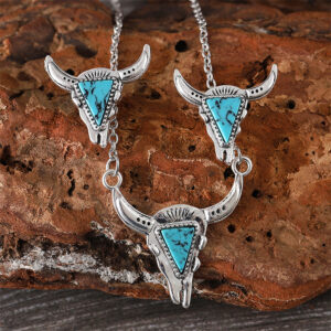 Wholesale Retro Western Bull Head Turquoise Earrings Necklace Set Geometric Fashion Accessory