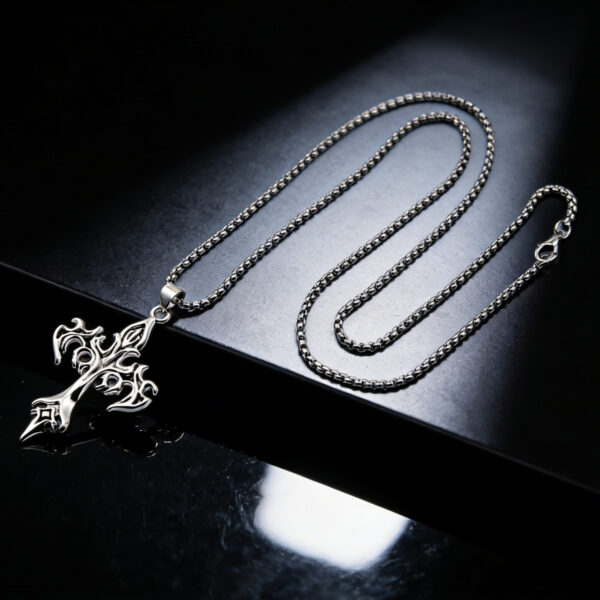 oly-fa41e3da0d24b22aea4382a0610b241c Wholesale Punk Flame Cross Pendant Necklace For Men Antique Silver Layering Jewelry Gift