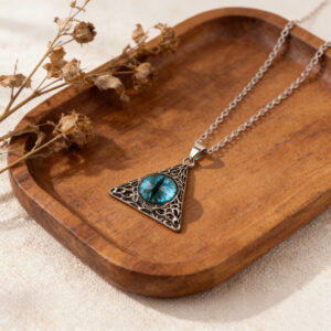 oly-fa64c1b63537dbd39648d9825bc67017 Wholesale Hip Hop Blue Eye Triangle Pendant Necklace Stylish Streetwear Jewelry Accessory Zinc Alloy Silver Finish Boutique Resale Gift