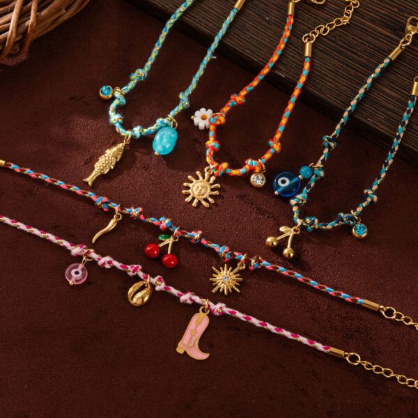 oly-fb6420385ce3e07b58da9fd876bb3353 Wholesale Woven Rope Charm Bracelet Titanium Steel With Sun Cherry Flower Fish Boot Pendants Fashion Accessory For Gift Or Boutique Resale