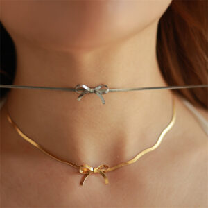 oly-fb6d66f6eb2895911ac4e54eb552d304 Wholesale Titanium Steel Bowknot Necklace Titanium Steel Electroplated Snake Bone Chain Sweet Bowtie Pendant Fashion Accessory Boutique Resale Gift