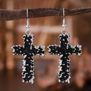 oly-fcb2e0540da3c99f9a3680e0a74997ec Wholesale Zinc Alloy Hip Hop Cross Jewelry Set Black Lava Texture Necklace And Earrings For Women Stylish Party Gift