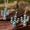 oly-fd282b0575e92e291528f44fd09758e5 Wholesale Retro Bohemian Turquoise Cactus Earrings And Necklace Set Zinc Alloy Ethnic Jewelry Fashion Accessory For Everyday Wear
