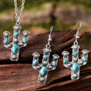 oly-fd282b0575e92e291528f44fd09758e5 Wholesale Retro Bohemian Turquoise Cactus Earrings And Necklace Set Zinc Alloy Ethnic Jewelry Fashion Accessory For Everyday Wear