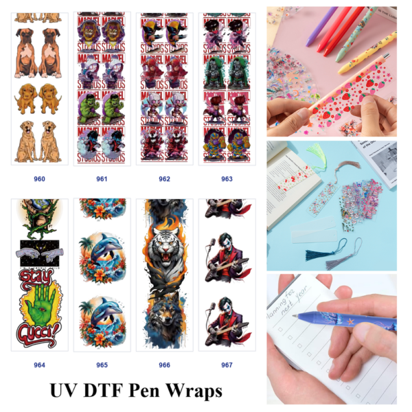 Wholesale 2/8/16pcs Cute Puppy Superhero Dolphin Tiger Wolf Rock Music Character Print Pen and Bookmark Stickers UV DTF Wraps OLY Exclusive